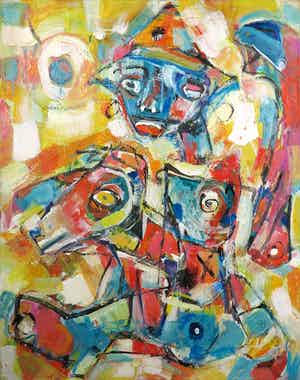 Christine Spierings - Olieverf op doek, Z.t. Figuur met hoed verkocht voor € 1!