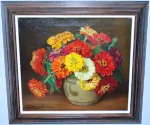Alberta Johanna Meijer-Smetz - Zinnia's - olieverfschilderij verkauft für € 325!
