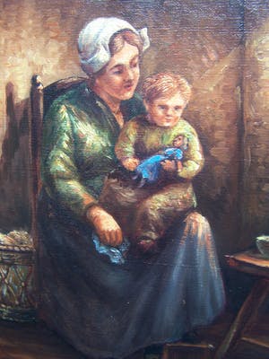 Dirk Kubbe - Boereninterieur met moeder kind. kopen? Bied vanaf 50!