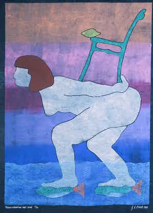 Geertje Briels - Houtdruk op geschept papier, Waterschaatsen met stoel verkocht voor € 35!