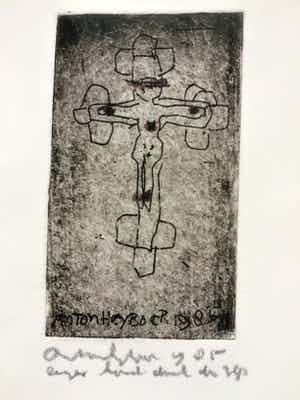 Anton Heyboer - Handgekleurde ets "Crucifix" 1985 verkocht voor € 225!