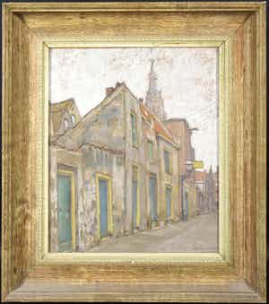 Jan van Ham - Tekening in pastelkrijt, Straatje te Delft - Ingelijst verkocht voor € 60!