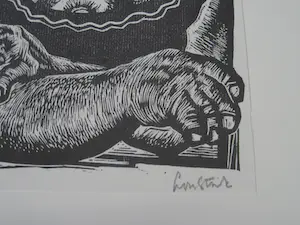 Lou Strik - Grote Hout/Linosnede zelfportret "Mona Lousa" gesigneerd kopen? Bied vanaf 37!