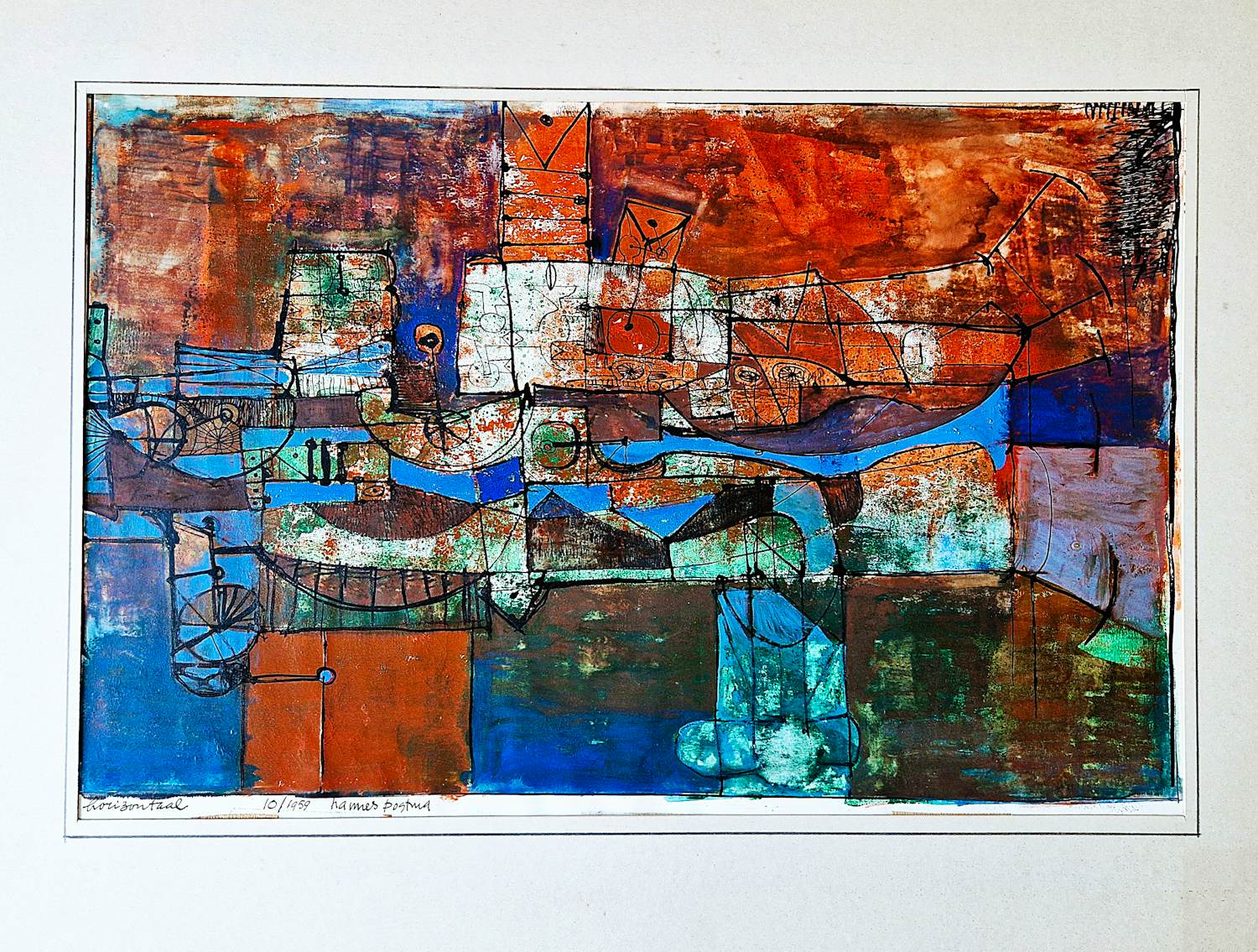 Hannes Postma - Grote in 1959 gemaakte gemengde techniek "Horizontaal" gesigneerd kopen? Bied vanaf 58!