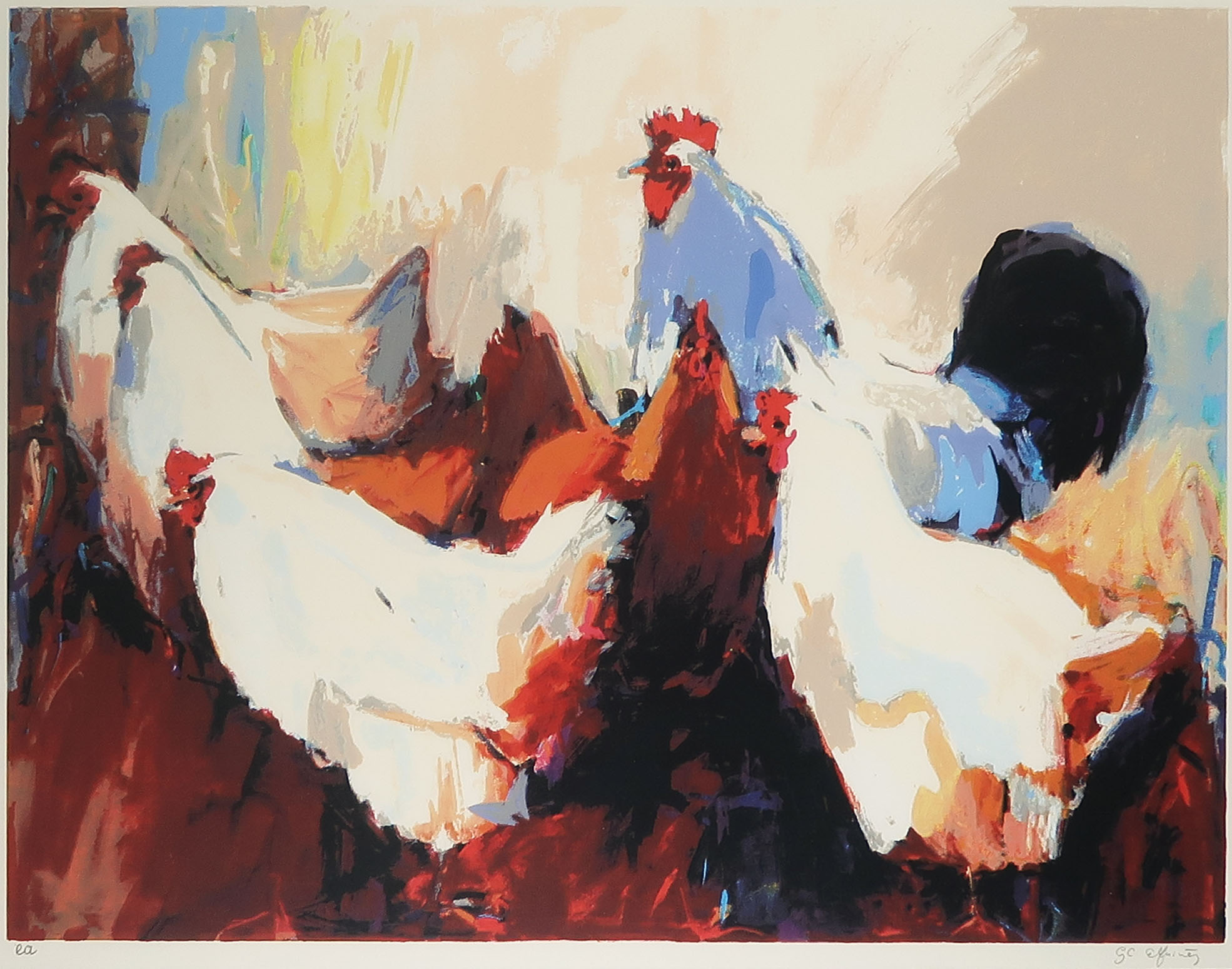 Gerda Elfring - Zeefdruk, Zes kippen - Ingelijst kopen? Bied vanaf 35!