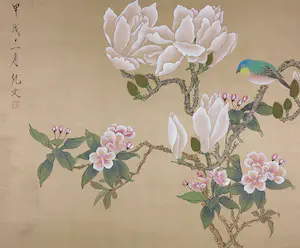 Niet of onleesbaar gesigneerd - Lot van 4 Japanse aquarellen op zijde, bloemen en vogels kopen? Bied vanaf 1!