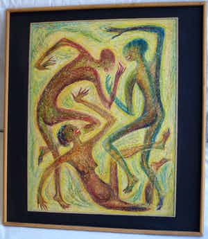 Klaas Pijlman - Pastelkrijt , “Dansende figuren” – 1959 - ingelijst , 75 x 67 cm verkocht voor € 40!