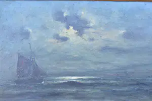 Buy Romain Steppe - Vissersboot onder zeil varend bij maanlicht dicht bij het strand? Bid from 180!