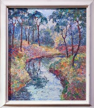 Eskel A. Wallin - Acryl op paneel, Rivier in bos - Ingelijst kopen? Bied vanaf 45!