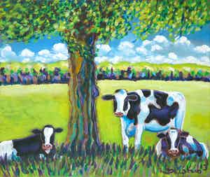 Justus Donker - Acryl op doek, Landschap met drie koeien verkocht voor € 100!