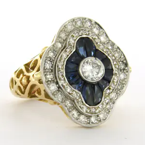 18k bicolour gouden ring met saffier, briljant en single cut geslepen diamanten kopen? Bied vanaf 1400!