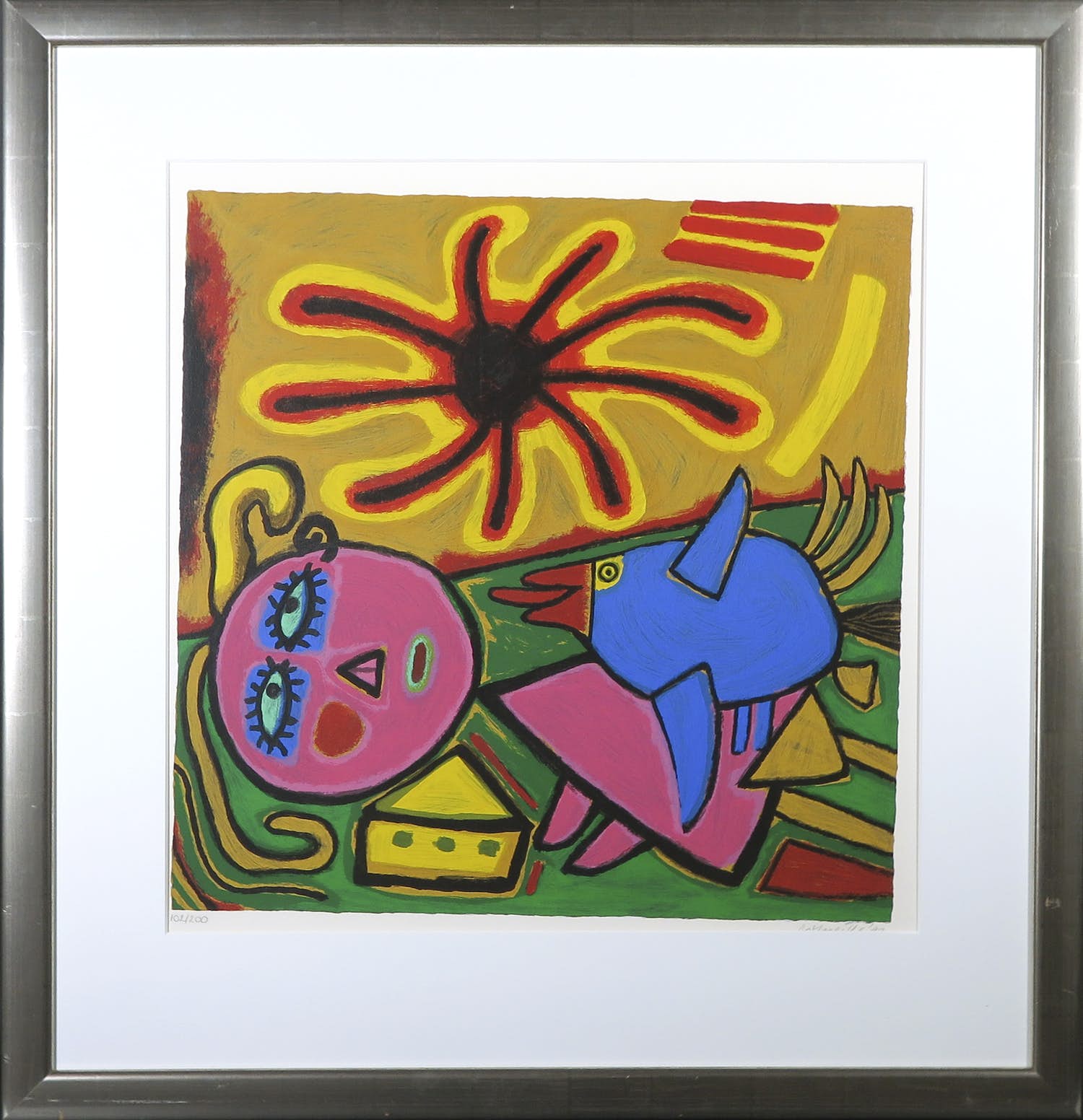 Corneille - Zeefdruk, l'Oiseau Bleu Grand Soleil - Ingelijst verkocht voor € 250!