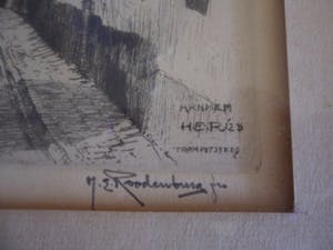 Hendrikus Roodenburg - Ets.Titel. "Trompetsteeg te Arnhem" kopen? Bied vanaf 25!