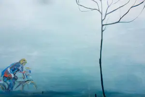 Maya Wildevuur - Acryl op doek, Fietser met tegenwind - Ingelijst (Groot) kopen? Bied vanaf 500!