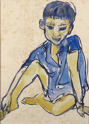 Piet van Mook - Aquarel op papier, Zittend jongentje - Ingelijst kopen? Bied vanaf 1!