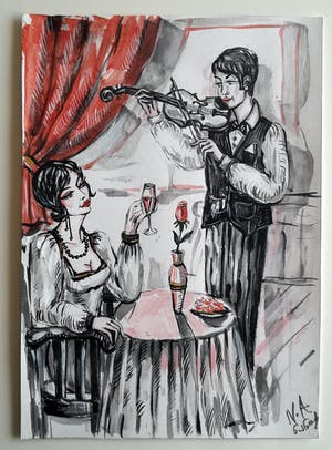 Natia Antadze - Dame im Caffè – Tekening/Acryl - handgesigneerd kopen? Bied vanaf 1!