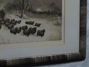 Sal Meijer - Ingelijste ets , Winterse wandeling met schapen in Laren (NH) kopen? Bied vanaf 60!