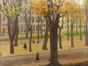 Mies Callenfels-Carsten - Olieverf op doek, Lange Voorhout, Herfst - Ingelijst verkocht voor € 1500!