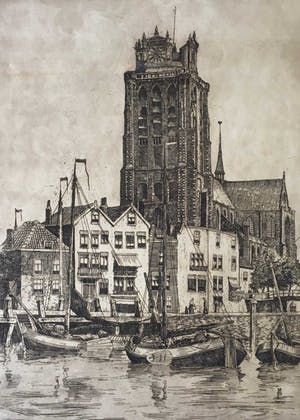 Marius Johannes Janssen - Ets, Dordrecht + Onbekend, twee etsen van Rotterdam kopen? Bied vanaf 1!