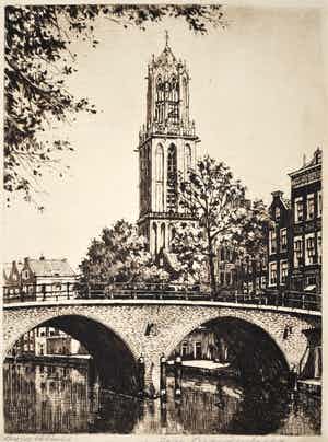 Cornelis Brandenburg - De Dom met de Oudegracht, Utrecht - ingelijste, heldere, schone ets verkocht voor € 50!