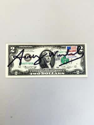Andy Warhol - Signed two dollar Jefferson verkocht voor € 800!