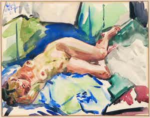 Edmond Wingen - Aquarel, Liggend naakt - Ingelijst verkocht voor € 100!