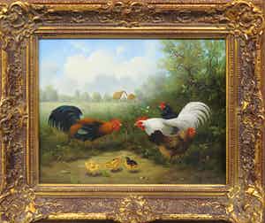 Ray Jacob - Olieverf op paneel, Kippen en hanen verkocht voor € 200!