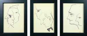 Siep van den Berg - Lot van drie inkttekeningen, Dubbelportretten en profil - Ingelijst verkocht voor € 40!