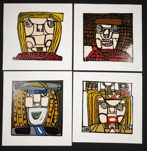 Rob Morren - Linosnedes, 4 portretten kopen? Bied vanaf 10!