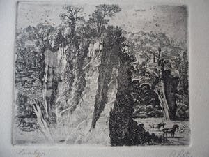 Gerard Lutz - Ets , landschap met paarden. kopen? Bied vanaf 45!