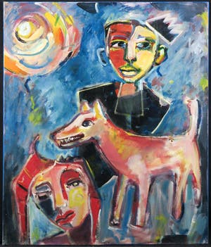 Christine Spierings - Olieverf op doek, Z.T. Twee figuren met hond (Groot) kopen? Bied vanaf 50!