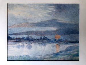 Jan Brugge - IJssellandschap bij zonsondergang zomeravond - Tekening, Ingelijst kopen? Bied vanaf 99!