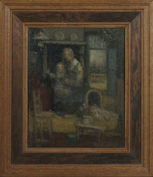 Henri van Daalhoff - Olieverf op paneel, Interieur met vrouw en kind - Ingelijst kopen? Bied vanaf 150!