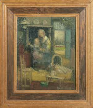 Henri van Daalhoff - Olieverf op paneel, Interieur met vrouw en kind - Ingelijst verkocht voor € 150!