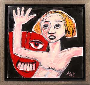 Martin van Wordragen - Olieverf op doek, Puber met masker - Ingelijst verkocht voor € 150!