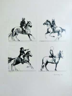 Aat Verhoog - (1933) Vier ruiters te paard - zwart-wit ets verkocht voor € 60!