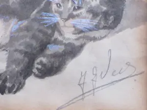 Niet of onleesbaar gesigneerd - Liggende kitten - Gemengde techniek kopen? Bied vanaf 1!