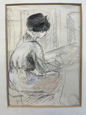 Leo Gestel - De vrouw van de kunstenaar aan het tekenen - met atelierstempel kopen? Bied vanaf 240!
