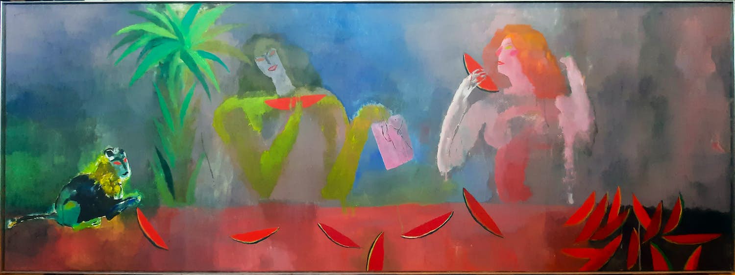 Branka Perosevic - Z.T. (vrienden tussen palmen) Acryl - GROOT werk - 251-B verkocht voor € 150!