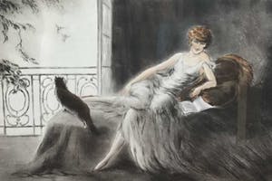 Alfred Renaudin - C3914-3 - Boeklezende vrouw met poes op bed kopen? Bied vanaf 30!