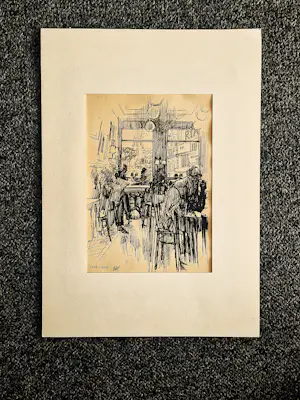 Peter van Straaten - originele jaren 70 café oostind. inkt-tekening - met pers. opdracht "voor Carla" kopen? Bied vanaf 122!