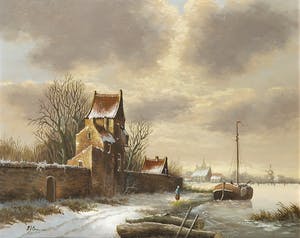 Piet Arends - Olieverf op paneel, Winterlandschap kopen? Bied vanaf 50!