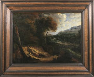 Cornelis Huysmans - 17e eeuw - Olieverf op doek - Heuvellandschap met droogstaande rivierbedding - Ingelijst kopen? Bied vanaf 800!