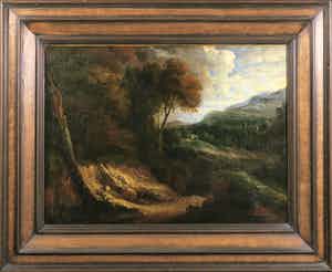 Cornelis Huysmans - 17e eeuw - Olieverf op doek - Heuvellandschap met droogstaande rivierbedding - Ingelijst verkocht voor € 800!