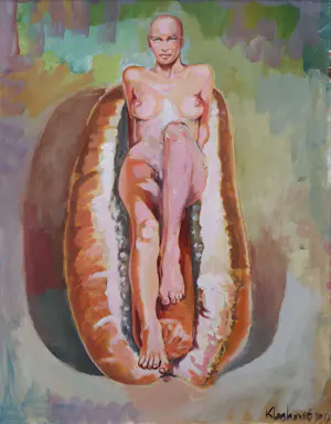 AcheterPeter Klashorst - Acryl en print op doek, Naakt op een hotdog? Enchérissez de 200!