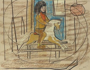 Margot Hudig-Heldring - Pastelkrijt, Kind op hobbelpaard - Ingelijst kopen? Bied vanaf 35!