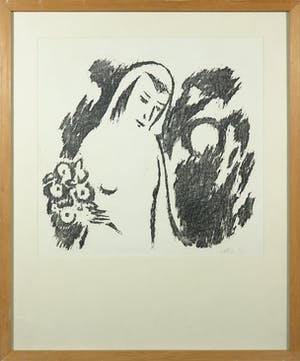 Theo van der Horst - Houtsnede, Vrouw met bloemen - Ingelijst kopen? Bied vanaf 35!