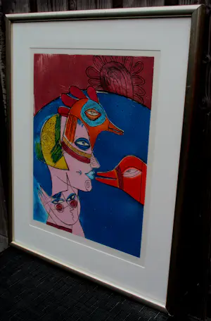 Corneille - Ingelijste ets: Jeux entre chat et oiseau - 1978(groot werk!) kopen? Bied vanaf 399!