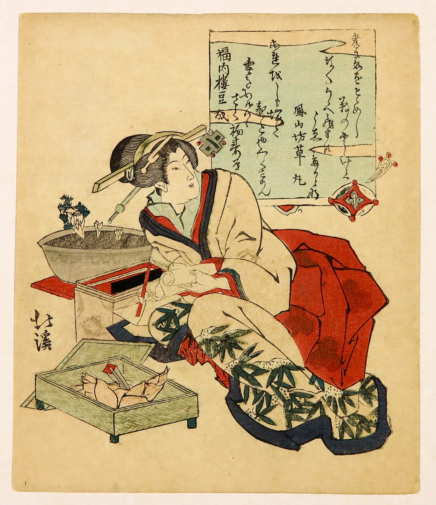 Totoya Hokkei - Houtdruk, Geisha met een kistje bamboescheuten verkocht voor € 80!