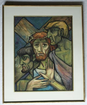 Buy Klaas Pijlman - Tempera , “Jezus en moordenaars” – ingelijst - 1970? Bid from 50!